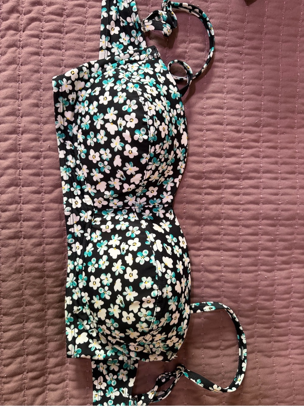 Adore Me Black Bikini Top with White and Teal Floral Print